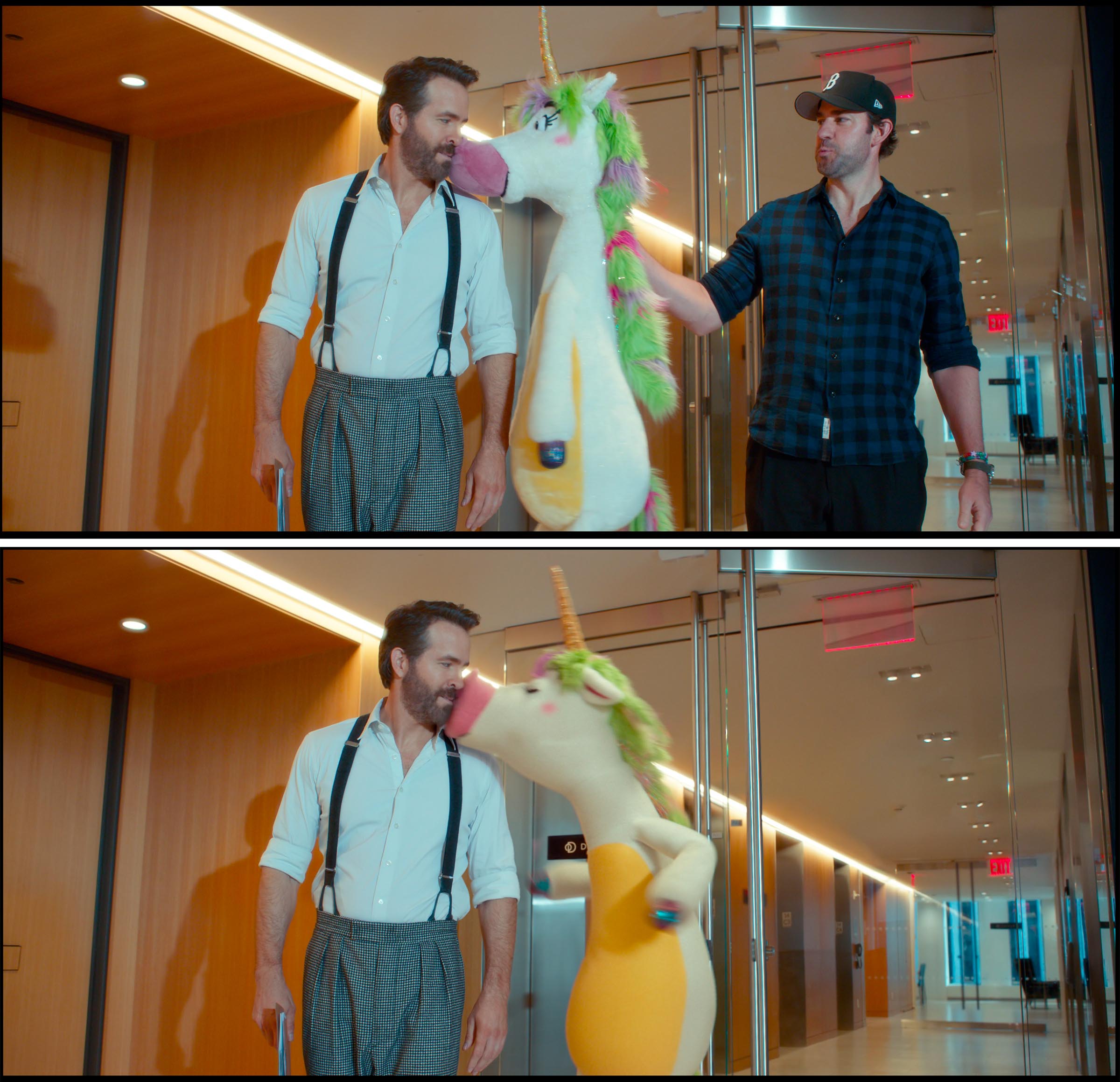 (Top) Ryan Reynolds on set with director John Krasinski holding the Uni puppet. (Bottom) Final film frame with Uni puppet replaced by Framestore's cg version.