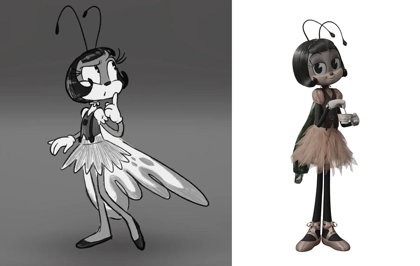 The character of Blossom, from concept design to final Framestore model.